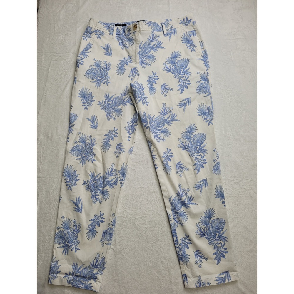 Talbots Relaxed Chino Women 10 White Blue Tropical Floral Print Pants